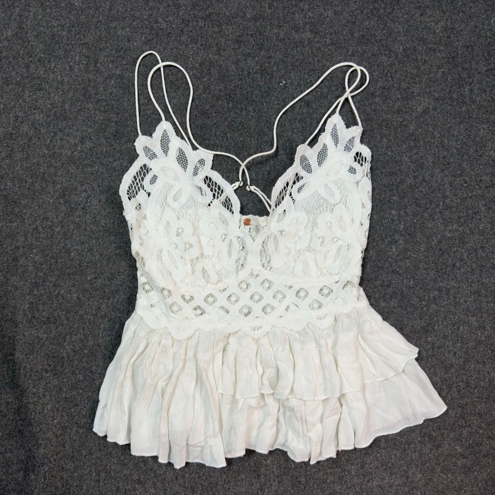 Free People FP One White Crochet Lace Ruffle Cami Top M Boho Made in India
